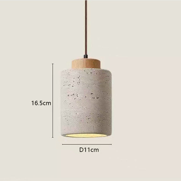 Travertin Pendelleuchte mit Holzdetail – Wabi-Sabi Designer Hängelampe aus Naturstein