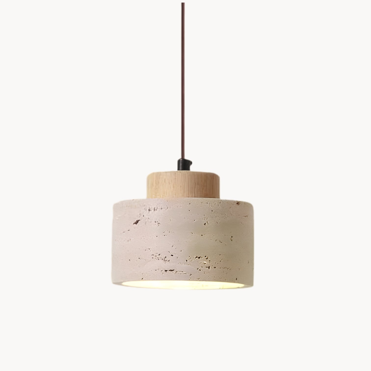 Travertijn Hanglamp met Houtdetail – Wabi-Sabi Designer Hanglamp van Natuursteen