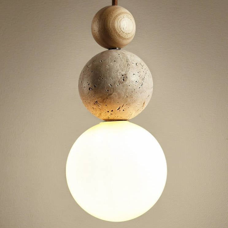 Travertin Pendelleuchte mit Holzdetail – Wabi-Sabi Designer Hängelampe aus Naturstein