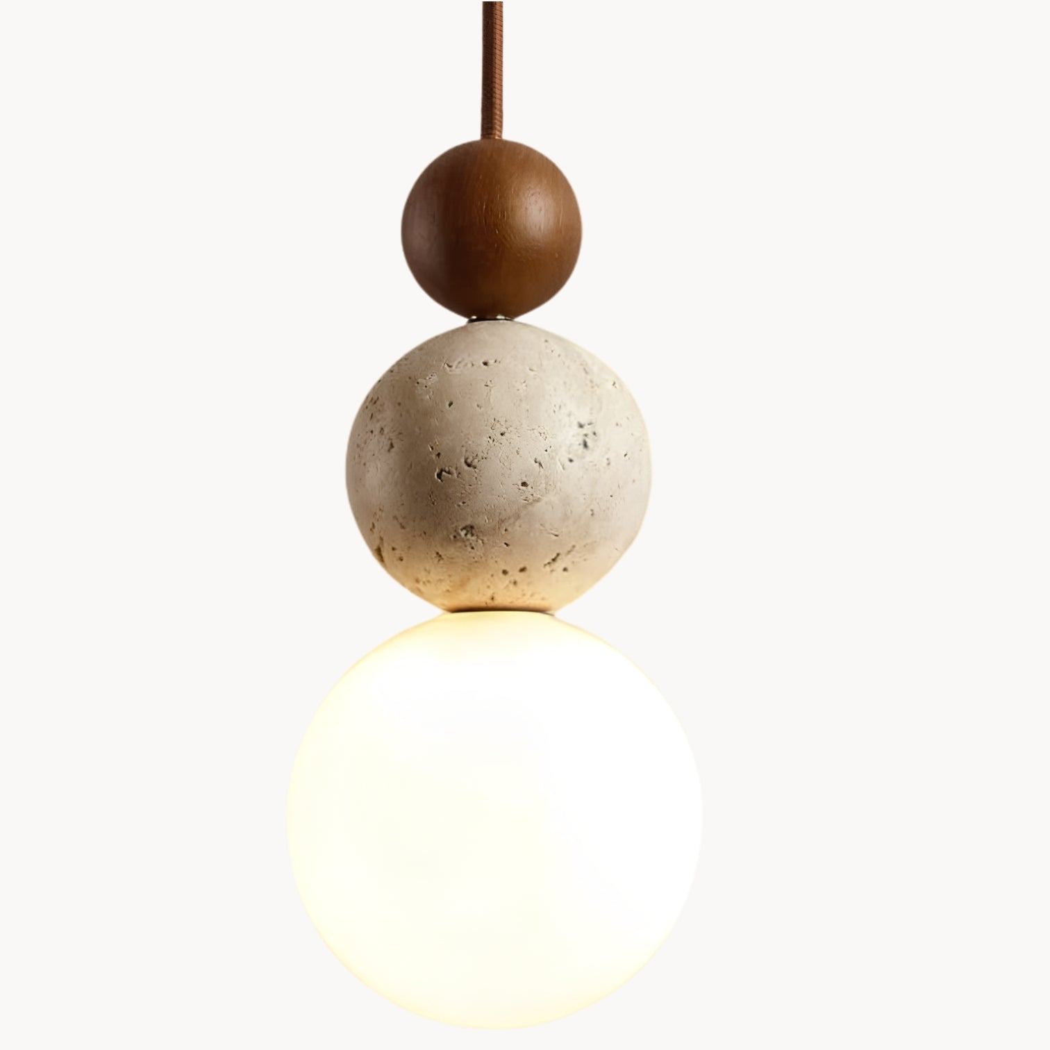 Travertijn Hanglamp met Houtdetail – Wabi-Sabi Designer Hanglamp van Natuursteen
