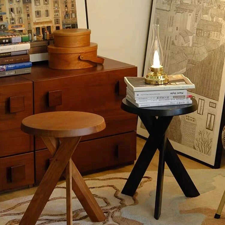 Round Solid Wood Side Table in Mid-Century Style
