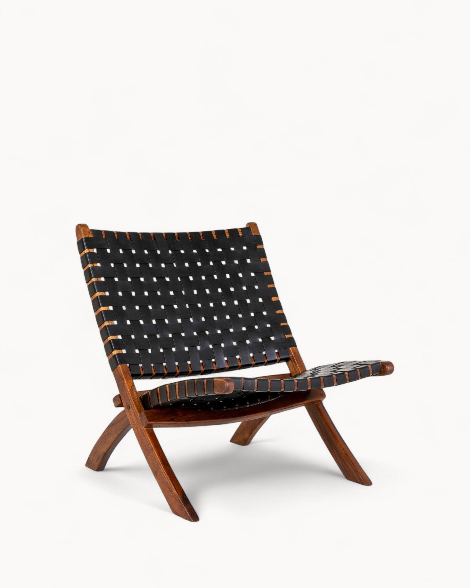 Folding Chair - Black Leather with Teak Legs - Modern Design