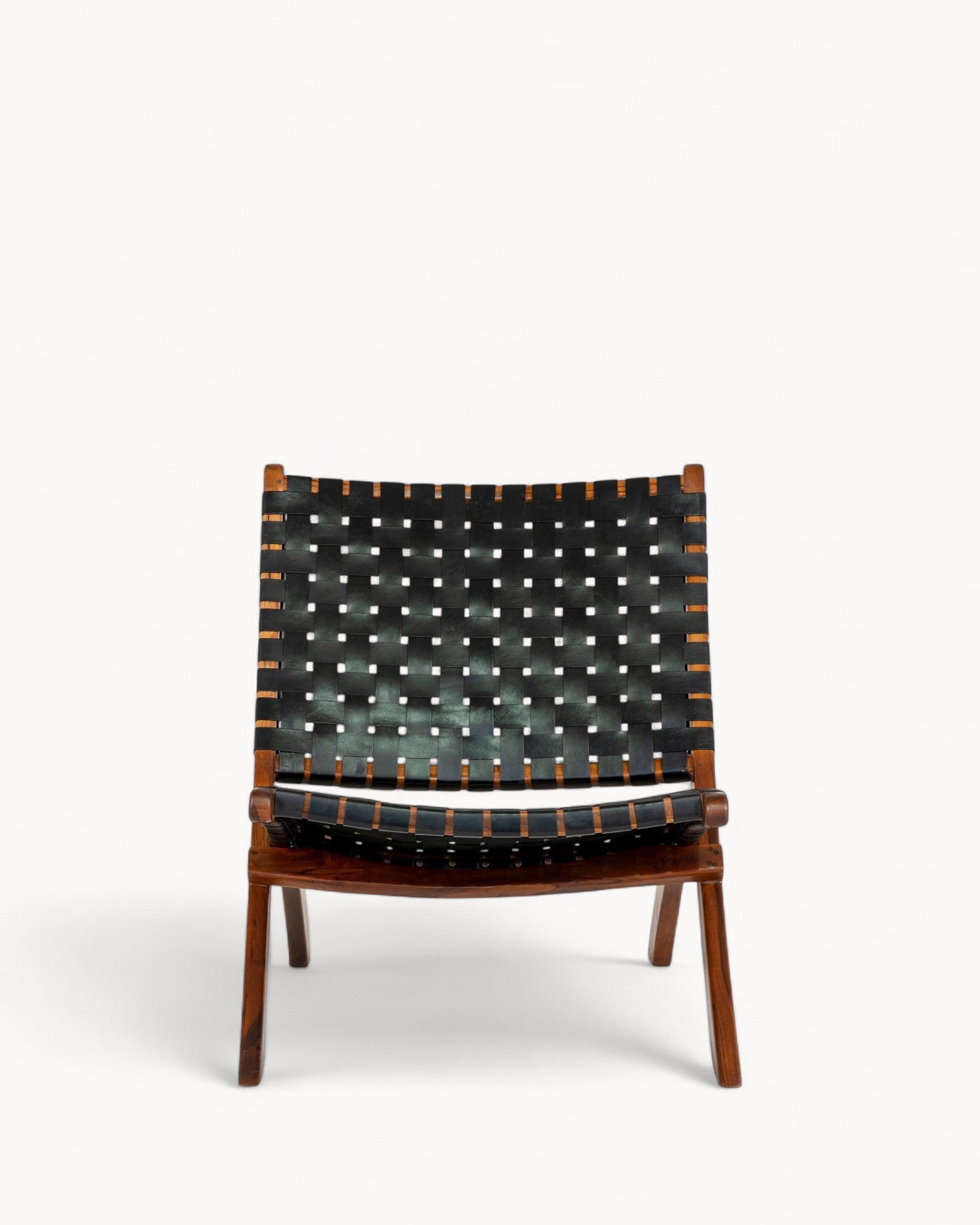 Folding Chair - Black Leather with Teak Legs - Modern Design