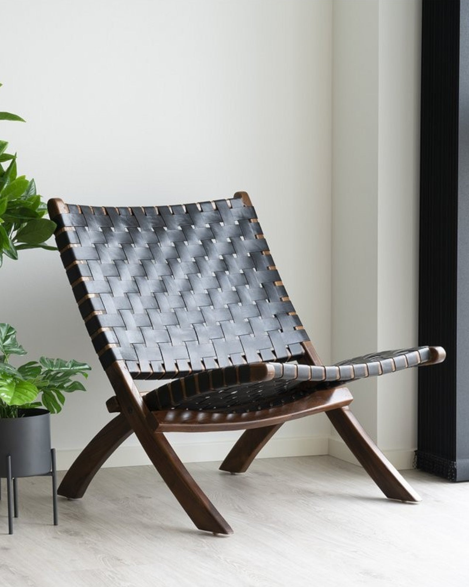 Folding Chair - Black Leather with Teak Legs - Modern Design