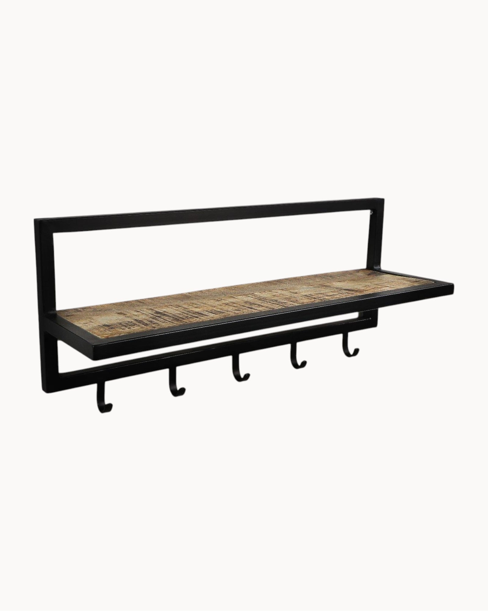 HSM Collection - Wall Coat Rack with Shelf, 5 hooks, Acacia/Black, 66cm