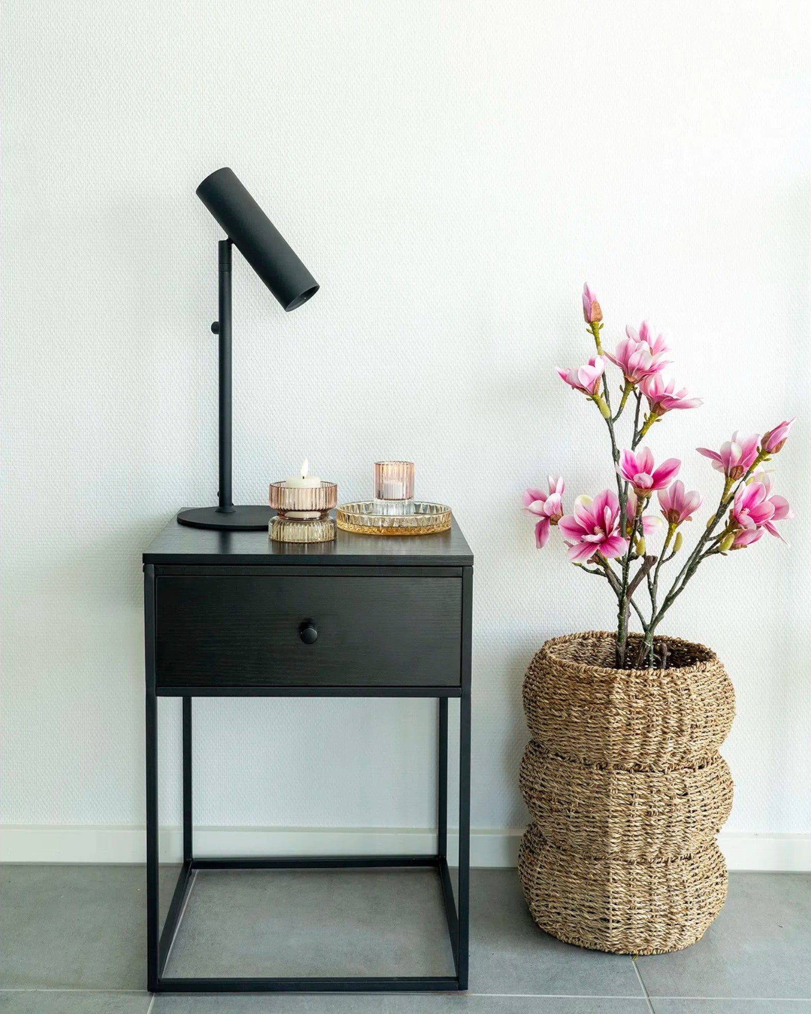 Side Table with Drawer - Black - Metal Frame - 40x40x55 cm