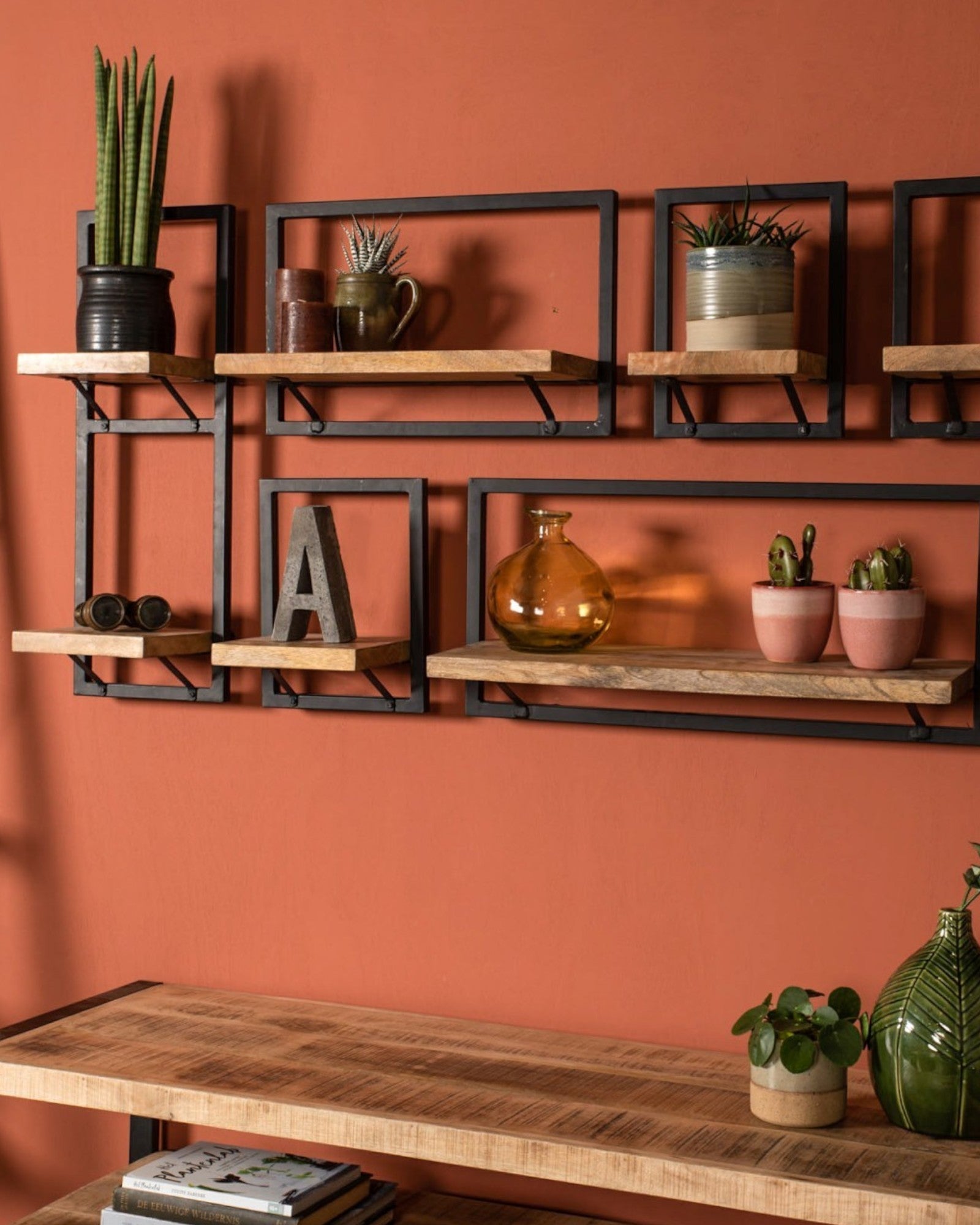 HSM Collection - Wall Shelf Level Shelf - Mango Wood/Metal, Natural/Black