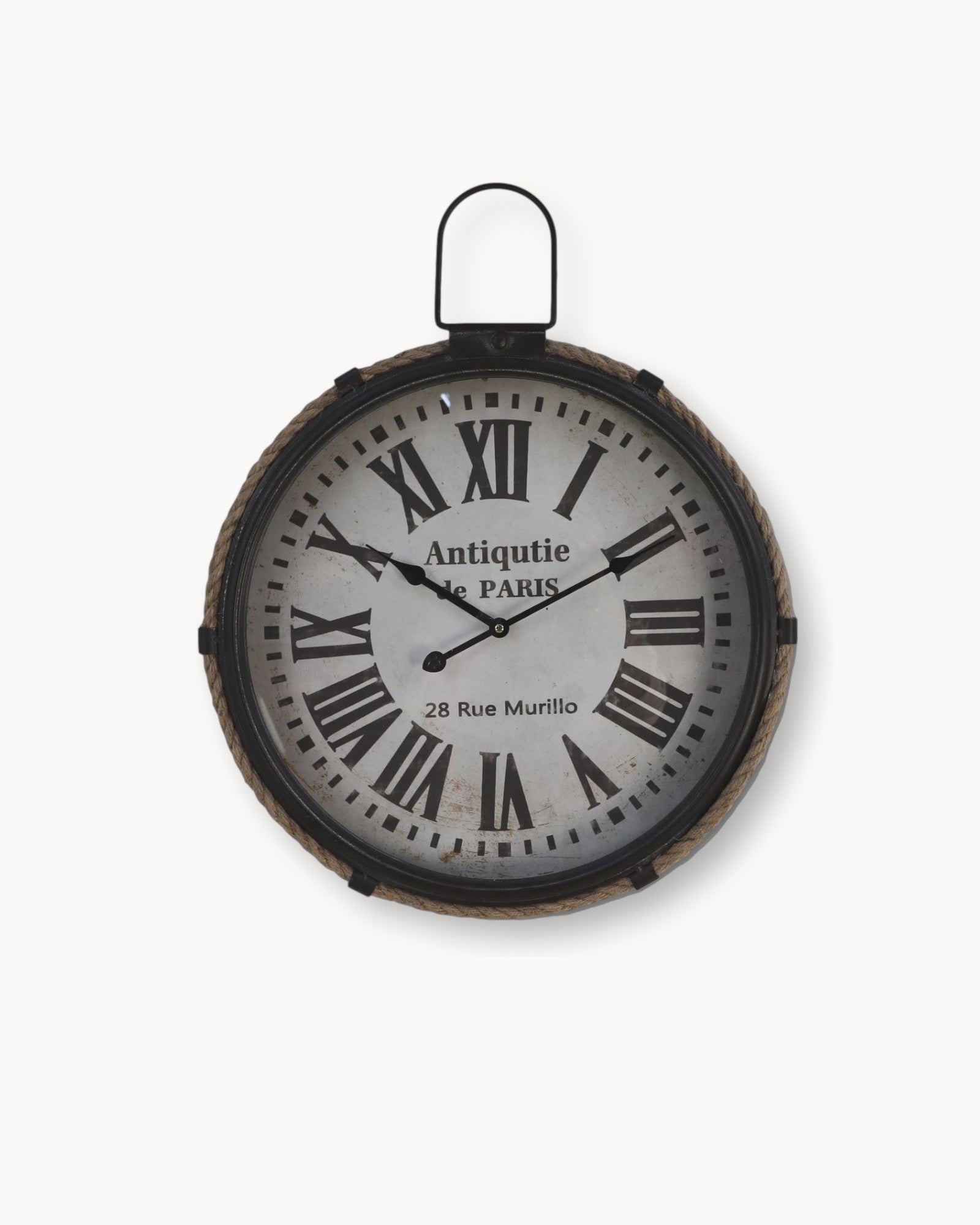 Wandklok in metaal met touw – Zwart/Natuurlijk – Industriële stijl – Ø47 cm
