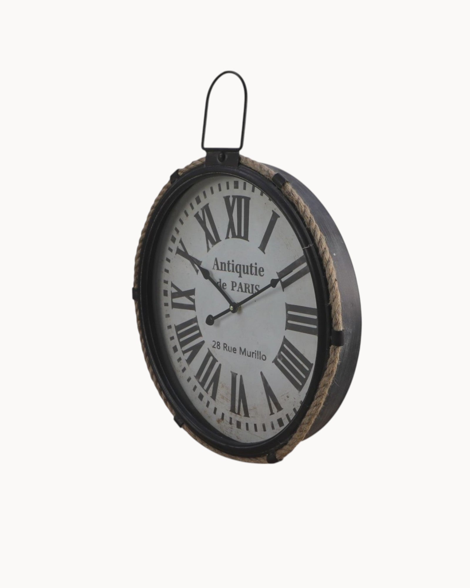 Wandklok in metaal met touw – Zwart/Natuurlijk – Industriële stijl – Ø47 cm
