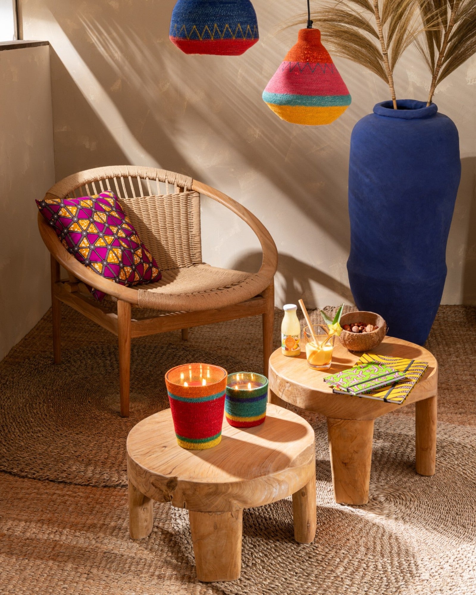 Table Set - Natural Teak Wood - Round Nesting Tables - Indoor Use - 2 Pieces