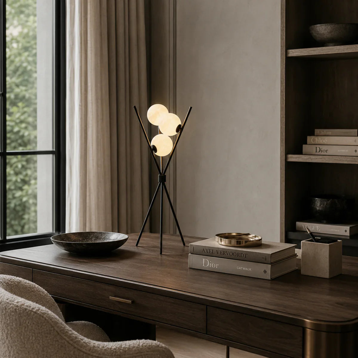 Tischlampe im minimalistischen Design mit Kugelschirm und Dreibein