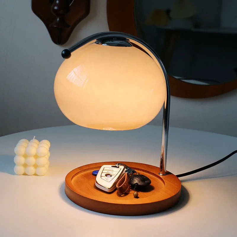 Vintage Glas Tischlampen Kerzenwärmer | Bauhaus-Stil, Holzsockel, Glasabdeckung, LED-Leuchtmittel, Dimmbar