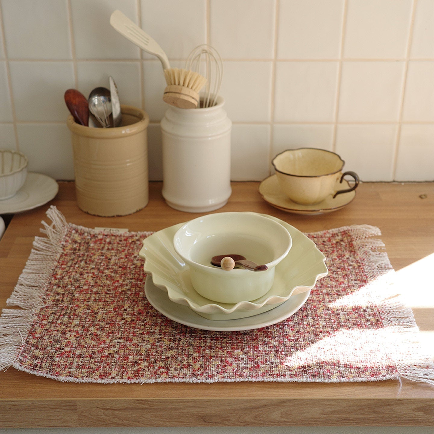 Vintage stoffen placemat en hittebestendige tafelmat