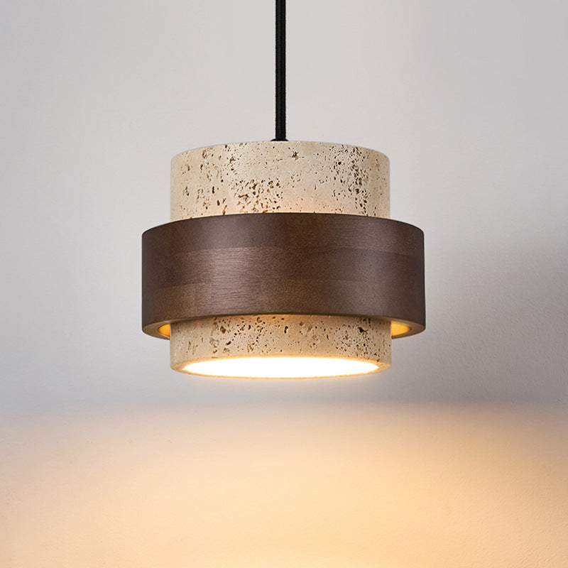 Travertijn Hanglamp met Houtdetail – Wabi-Sabi Designer Hanglamp van Natuursteen