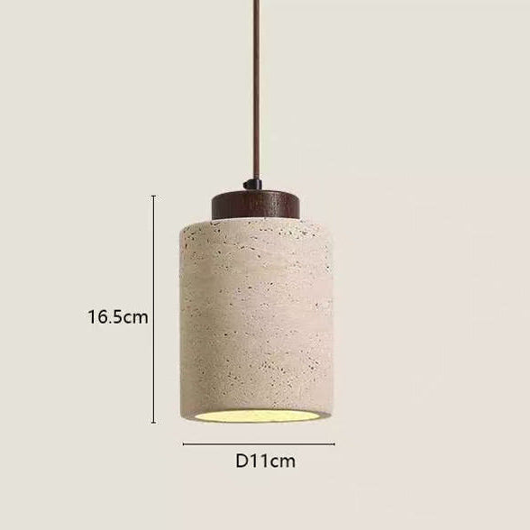 Travertin Pendelleuchte mit Holzdetail – Wabi-Sabi Designer Hängelampe aus Naturstein