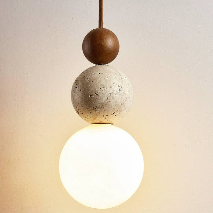 Travertin Pendelleuchte mit Holzdetail – Wabi-Sabi Designer Hängelampe aus Naturstein