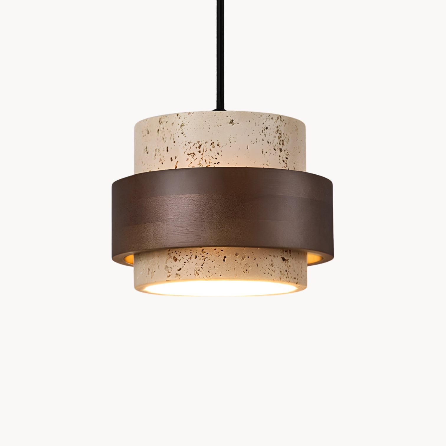 Travertine Pendant Light with Wood Detail – Wabi-Sabi Designer Hanging Lamp in Natural Stone