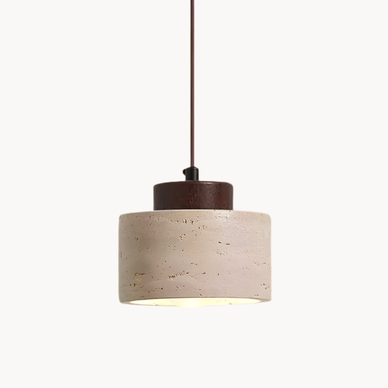 Travertijn Hanglamp met Houtdetail – Wabi-Sabi Designer Hanglamp van Natuursteen
