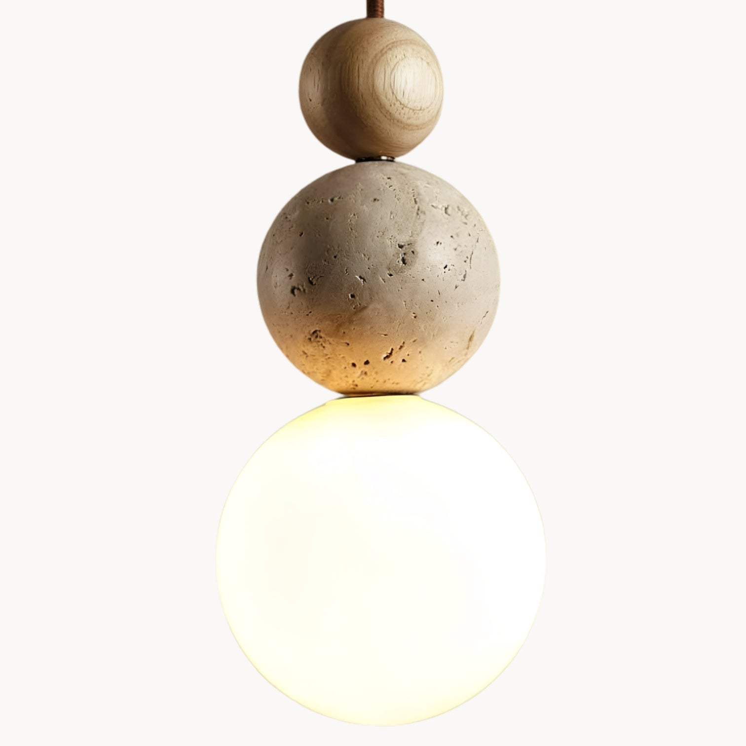 Travertijn Hanglamp met Houtdetail – Wabi-Sabi Designer Hanglamp van Natuursteen