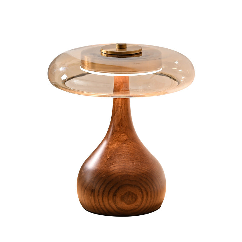 Vintage houten en glazen tafellamp