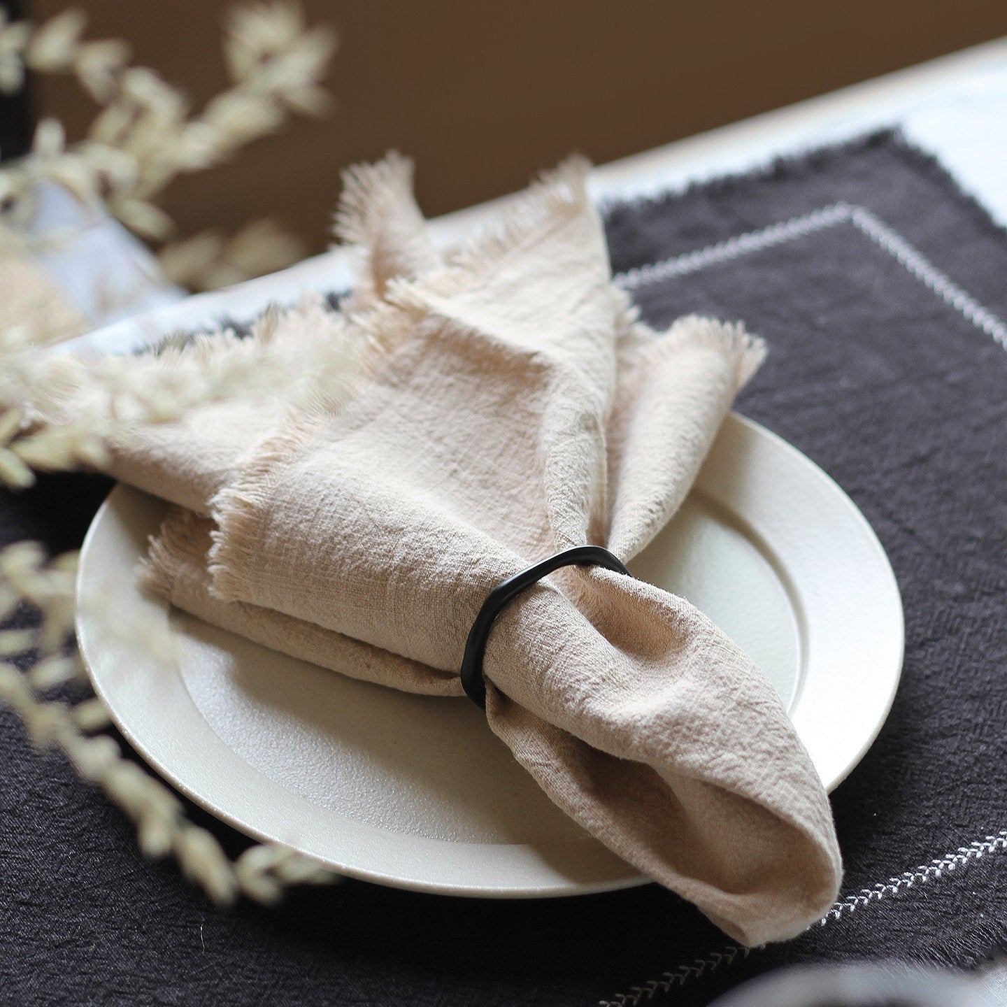 Solid Ramie-Cotton Napkin with Fringe Edge