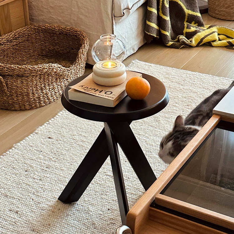 Round Solid Wood Side Table in Mid-Century Style
