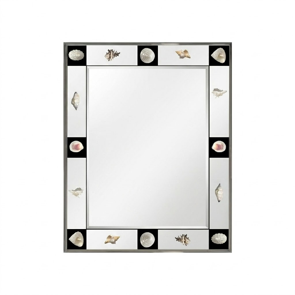 Vintage Bauhaus Wandspiegel – Artistieke Decoratieve Spiegel met Schelpdetails & Zilveren Lijst