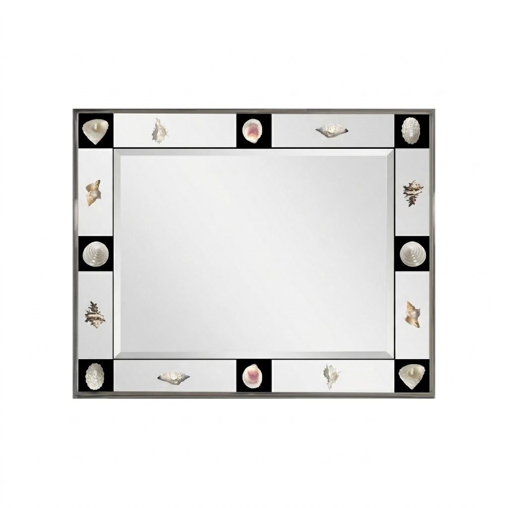 Vintage Bauhaus Wandspiegel – Artistieke Decoratieve Spiegel met Schelpdetails & Zilveren Lijst